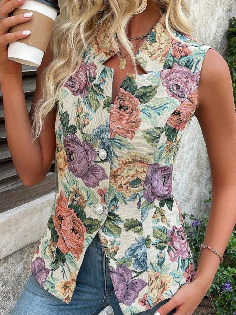 NWOT Women’s Floral Print Sleeveless Blazer | Button Front Vest | Medium - Picture 5 of 6